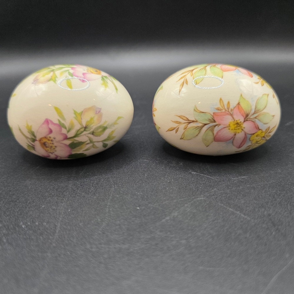 The Egg Lady Vintage Hand Painted Floral Ceramic Eggs Set of 2 Ivory Pink Yellow - Picture 2 of 9